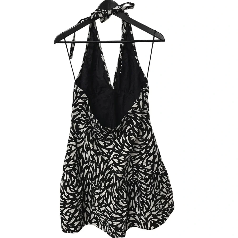Free People‎ Black White Abstract Print Halter Mini Dress Large NWT
